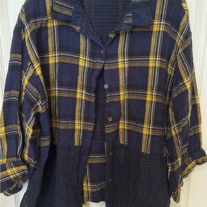 Umgee Yellow and Blue Plaid Button-Up Shirt